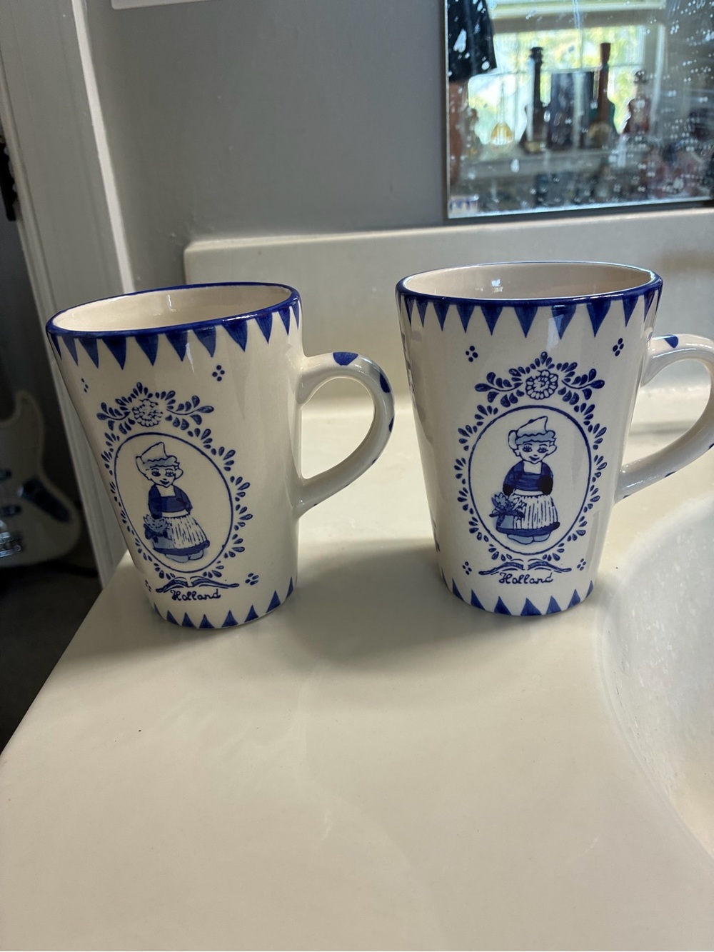 Blue and White Holland Delft-Style Ceramic Mugs - Set of 2